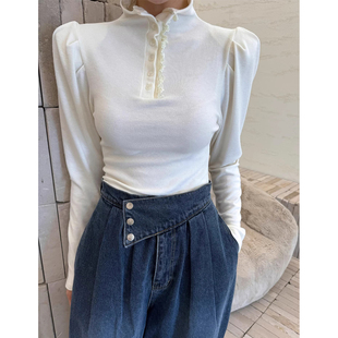 百搭显瘦纯色上衣 新款 法式 高领系扣拼接木耳边打底T恤女2025秋季