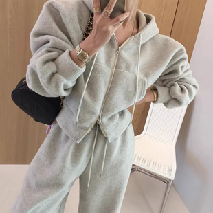 时尚套装双开拉链连帽卫衣外套女2025冬季新款加绒加厚休闲长裤子