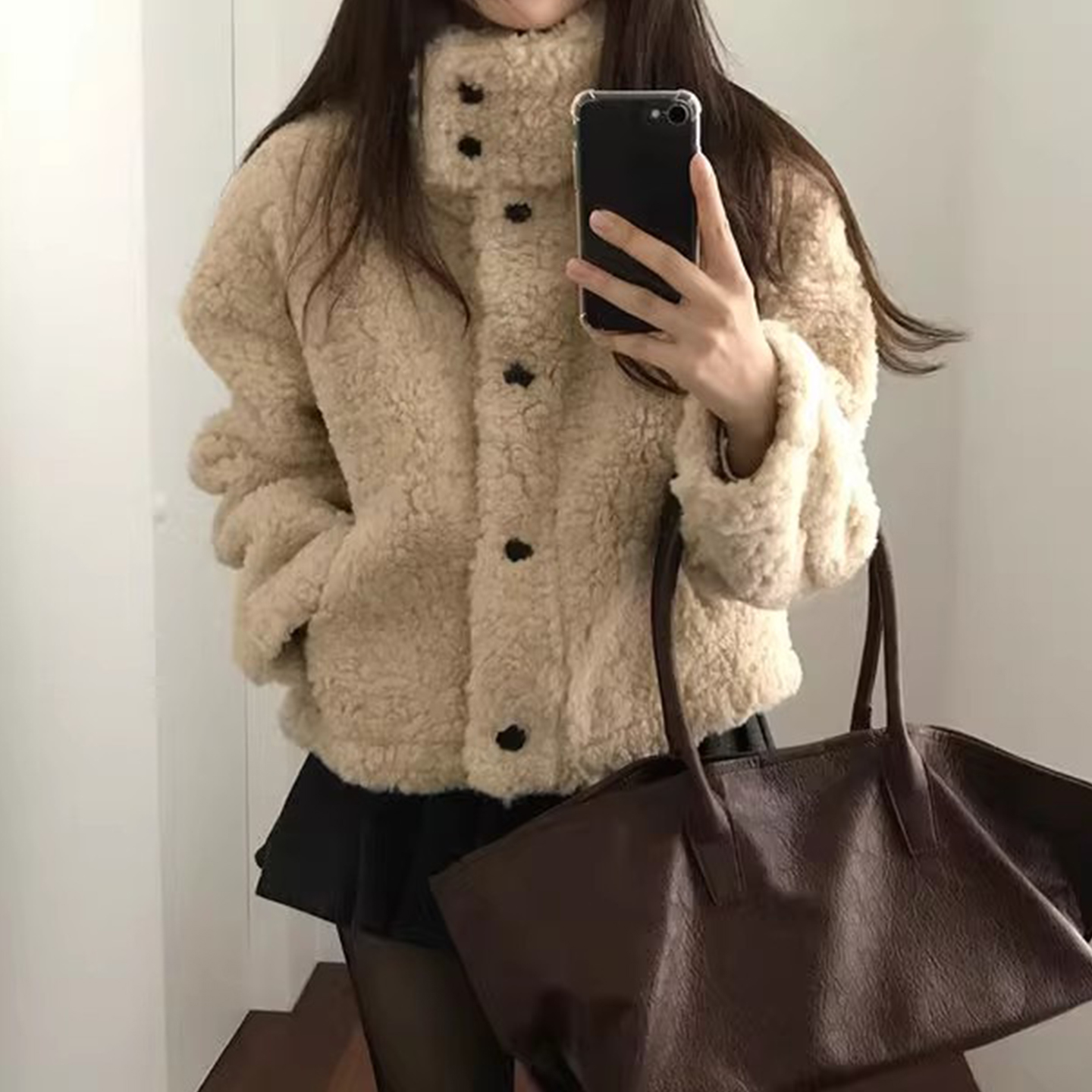 学院风百搭短款单排扣羊羔毛外套