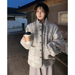 复古两面穿撞色图案保暖羊羔毛外套女2025冬季新款双口袋百搭棉衣