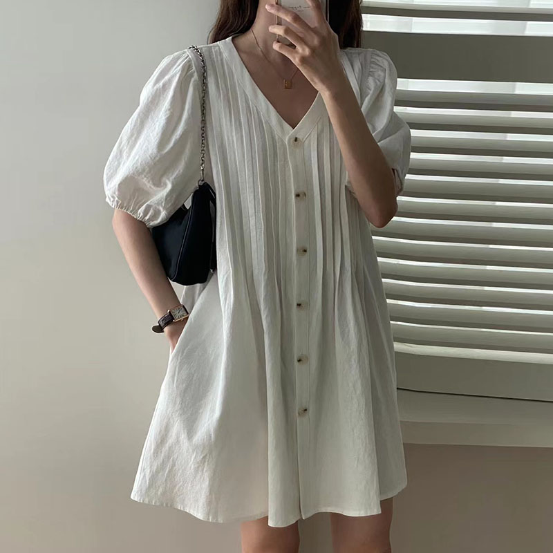 宽松泡泡袖小个子连衣裙女褶感