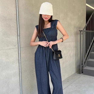 小眾百搭抽褶修身 法式 女夏季 拼接微喇闊腿長(zhǎng)褲 復(fù)古吊帶牛仔連體褲