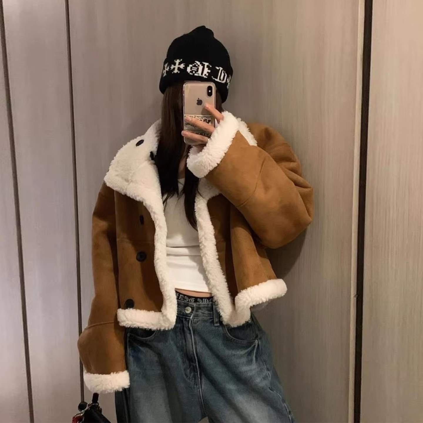 双面穿鹿皮绒羊羔毛短外套女冬季新款加厚保暖皮毛一体机车服上衣