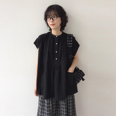 设计感口袋褶皱宽松短袖衬衫