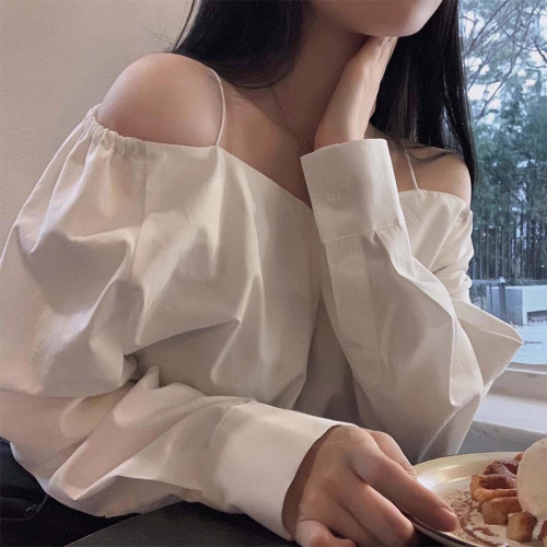 一字领露肩吊带纯色衬衫上衣女