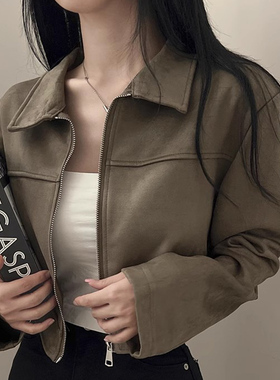 韩国chic秋季复古帅气翻领拉链式宽松百搭长袖皮绒短款夹克外套女