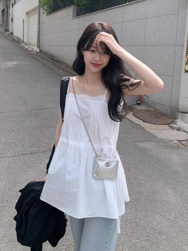 蕾丝花边抽绳收腰显瘦吊带连衣裙