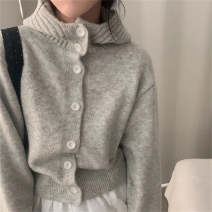 慵懒风纯色连帽针织开衫毛衣外套女2025秋季新款软糯休闲短款上衣