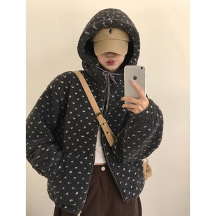 棉服上衣 宽松短款 复古减龄爱心提花羊羔毛连帽外套女2025冬季 新款