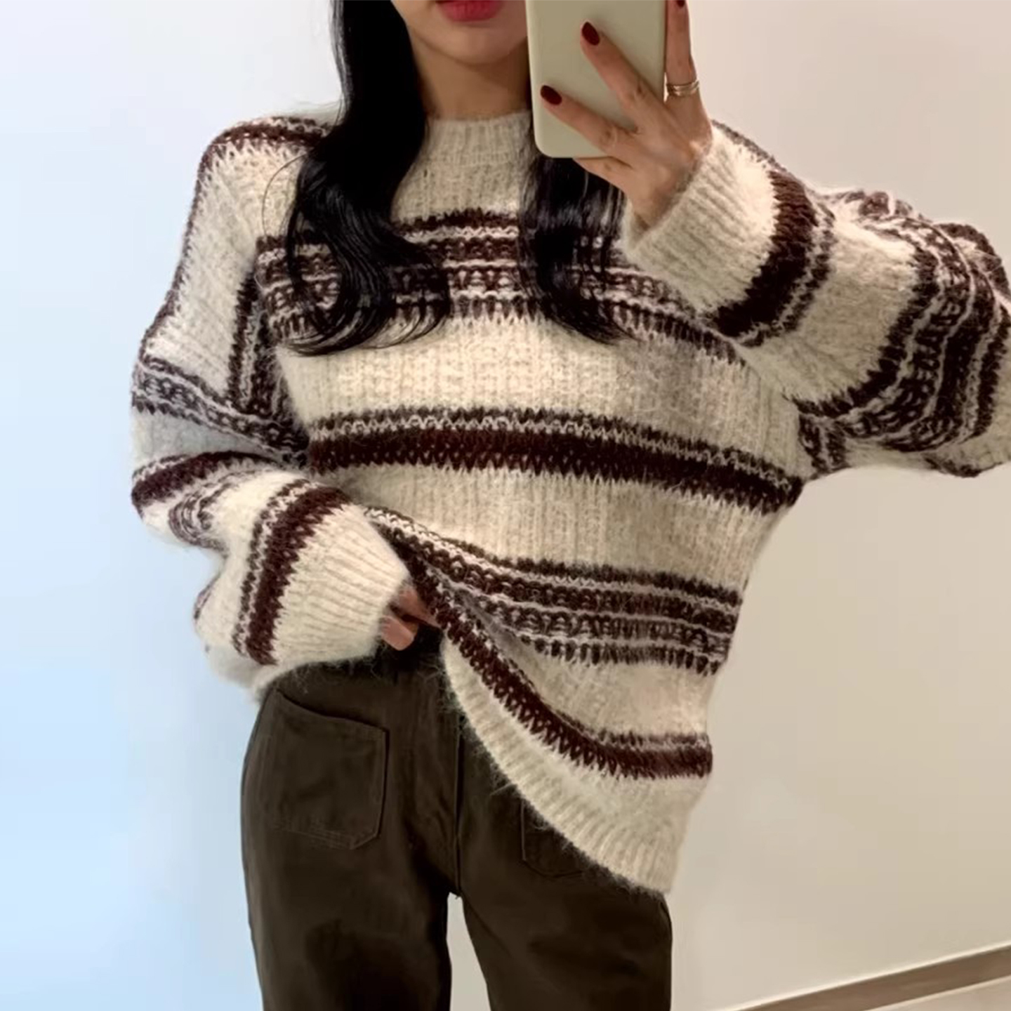 复古半高领撞色条纹编织软糯毛衣