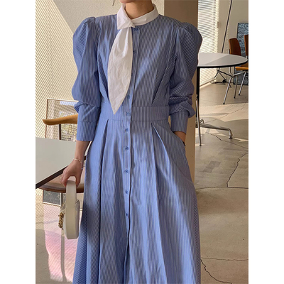 优雅气质撞色飘带条纹连衣裙女