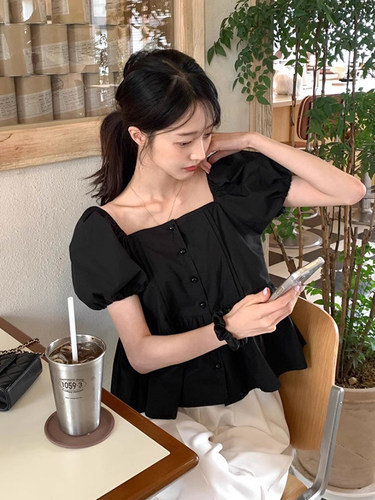 压褶宽松百搭荷叶边泡泡袖衬衫