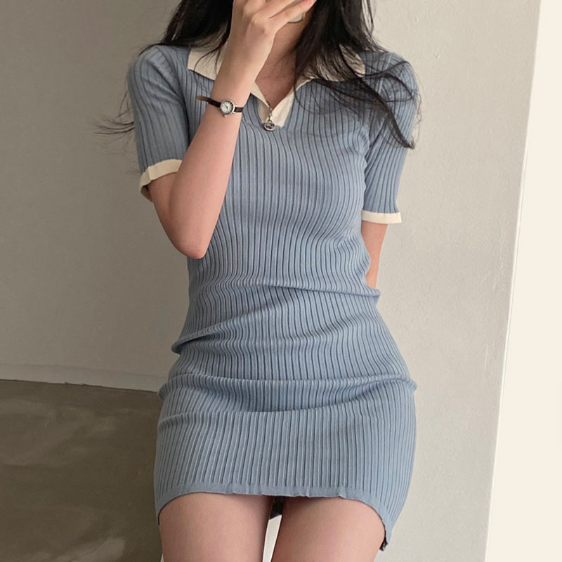 chicPOLO领修身针织包臀连衣裙女