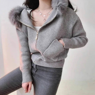 韩国chic秋冬法式 毛衣连帽外套女 温柔风拉链宽松休闲大毛领针织衫
