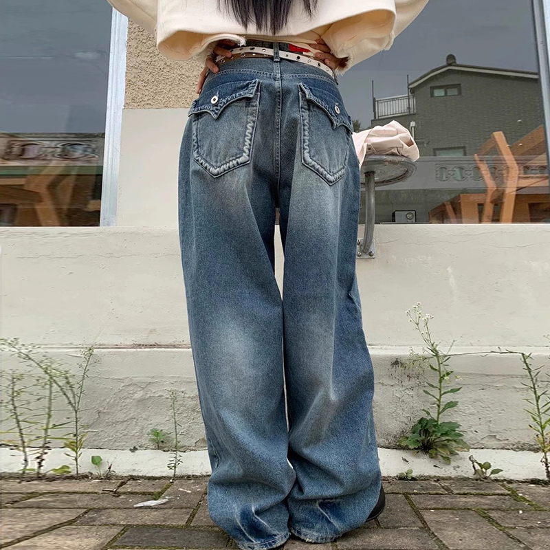 后背口袋设计做旧阔腿牛仔裤长裤