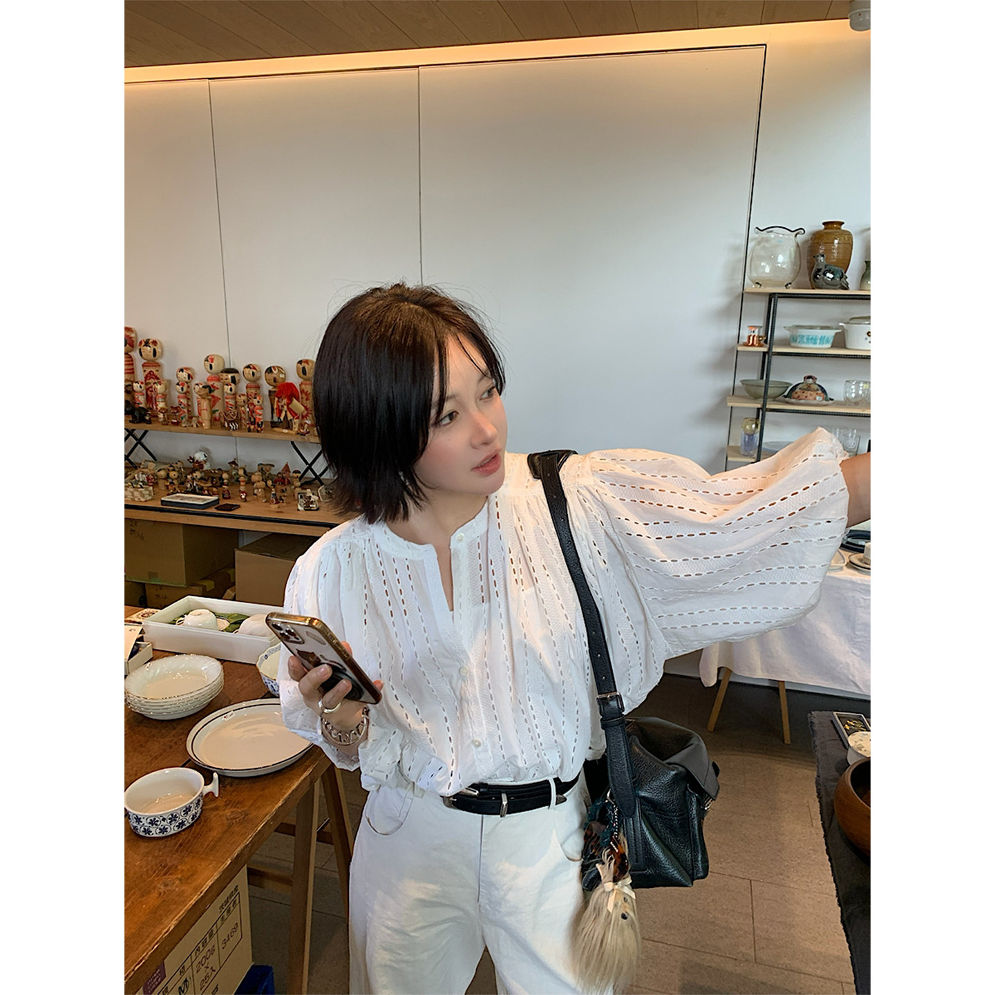 韩国chic夏季新款小众设计感缕空刺绣宽松百搭灯笼袖衬衫上衣女