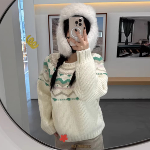 毛衣女 针织衫 韩国chic秋冬法式 温柔风圆领费尔岛撞色提花宽松长袖