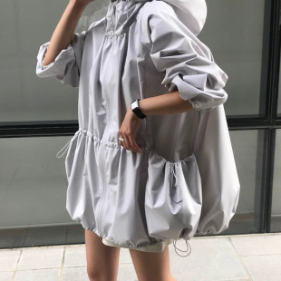 韩国chic小众慵懒风拉链式 防晒风衣外套女 大口袋连帽抽褶收腰薄款