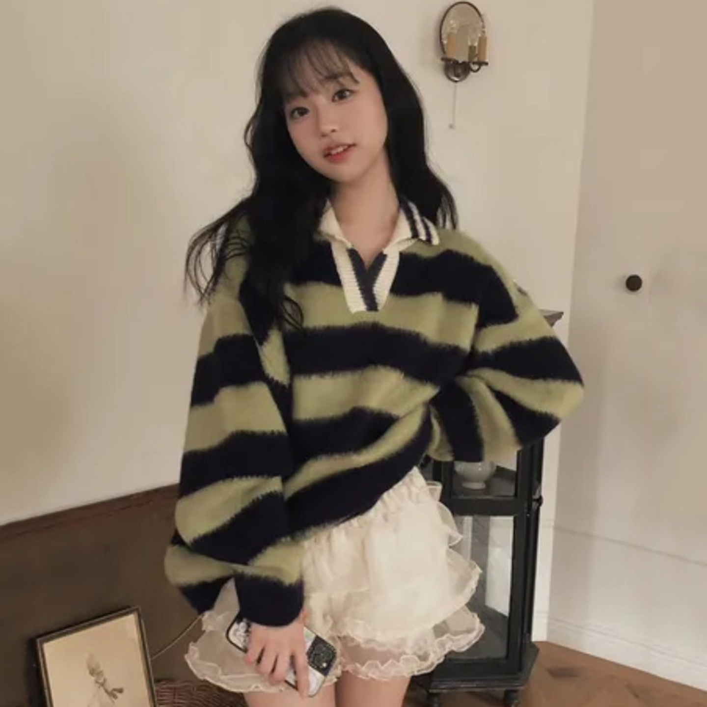 学院风马海毛条纹polo领针织衫