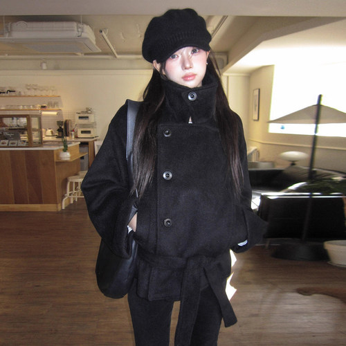 高级感翻领夹棉单排扣毛呢外套