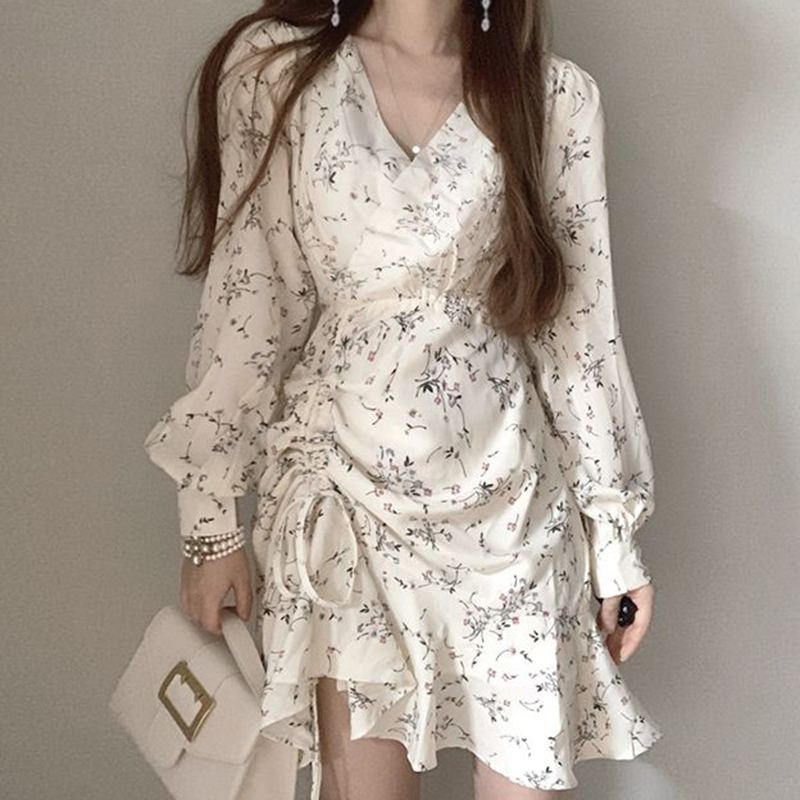 韩国chic春季气质优雅V领交叉收腰不规则抽绳泡泡袖碎花连衣裙女