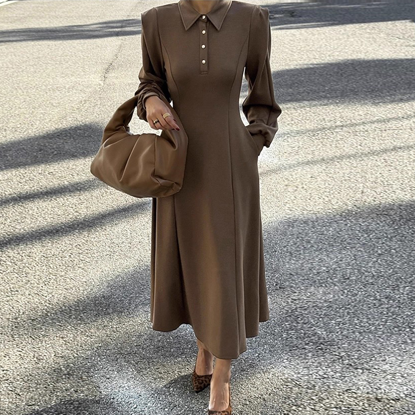 垂坠感长袖A字连衣裙长裙