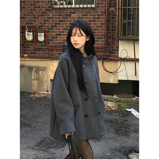 良良家学院风小个子连帽毛呢外套女冬季新款宽松廓形加厚呢子大衣