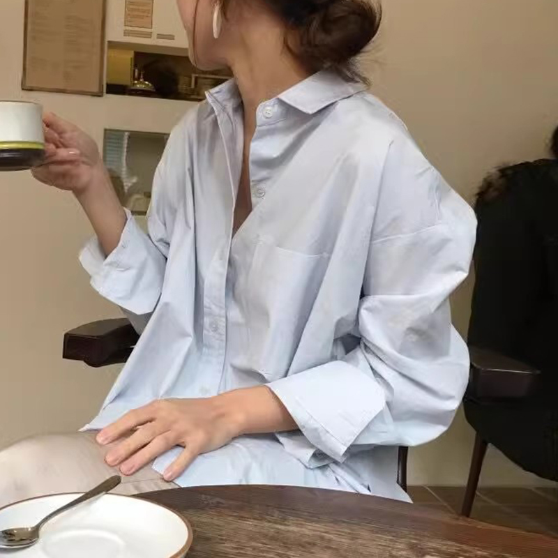 侧开衩宽松休闲长袖衬衫上衣