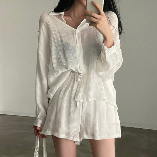 长袖防晒褶皱感衬衫高腰阔腿短裤