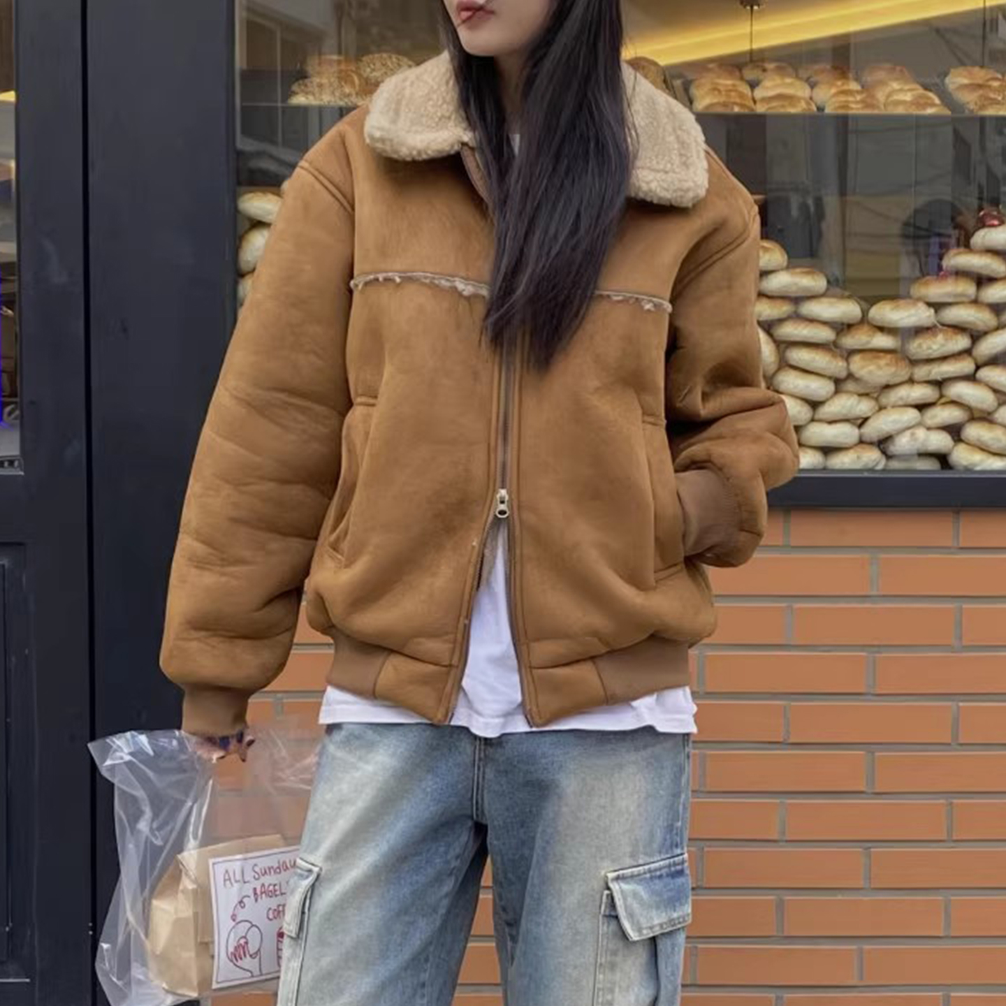 复古拼接皮毛一体鹿皮绒羊羔毛外套女2025冬季新款双拉链棉服上衣