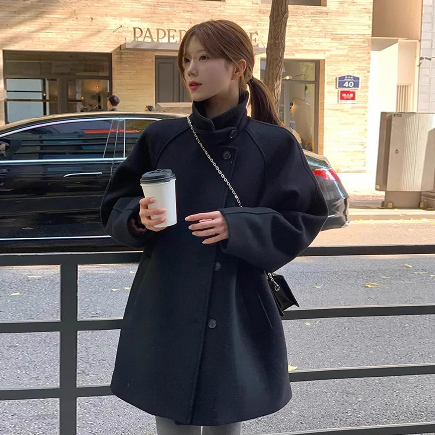 复古英伦风立领单排扣呢子外套