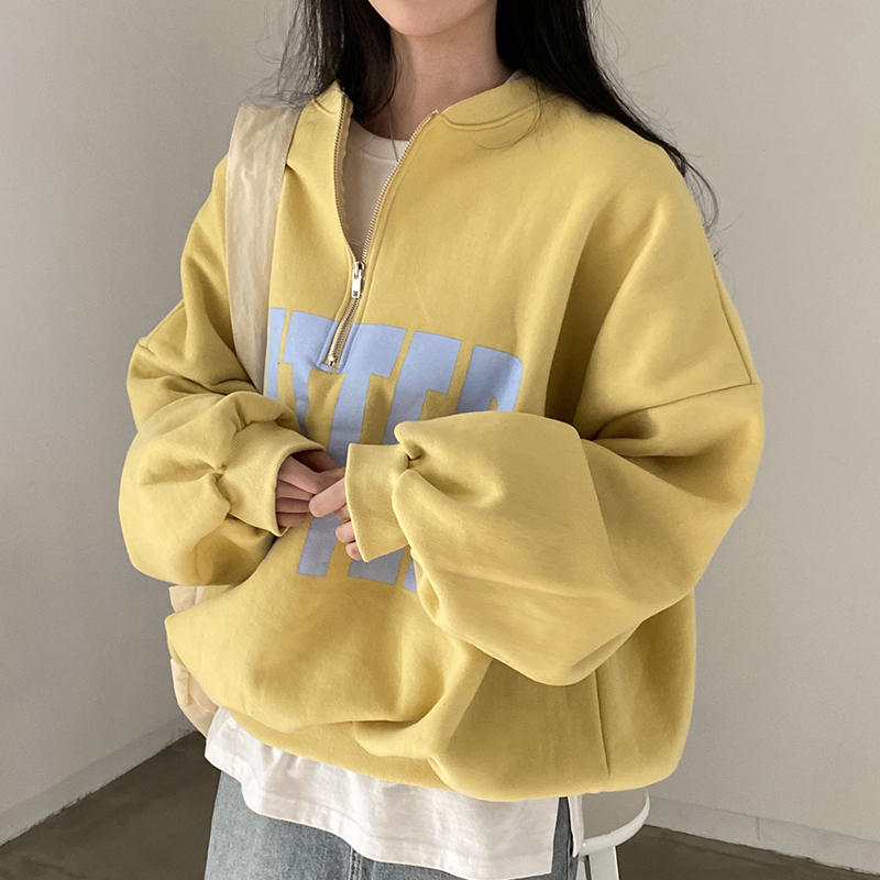 chic立领撞色字母印花长袖卫衣女
