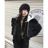 高级感撞色拼接连帽仿皮草外套女2025冬季 新款 百搭保暖毛茸茸上衣