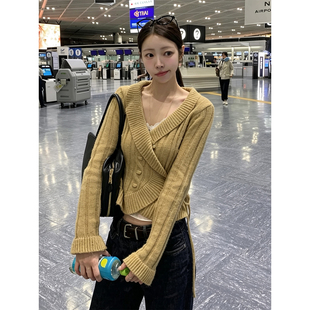 良良家韩系交叉系带荷叶袖针织开衫女秋冬新款设计感小众毛衣外套