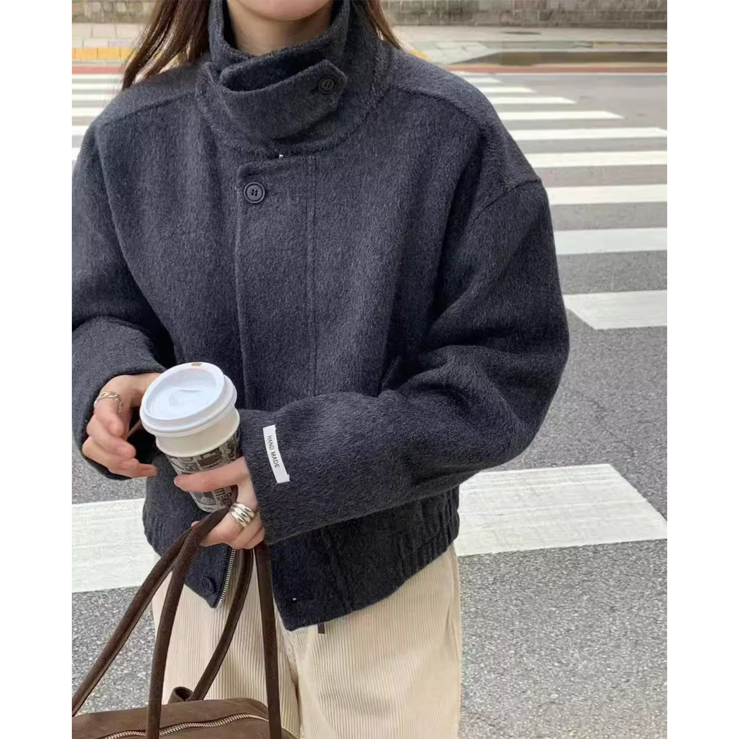 法式复古翻领拉链双口袋毛呢外套