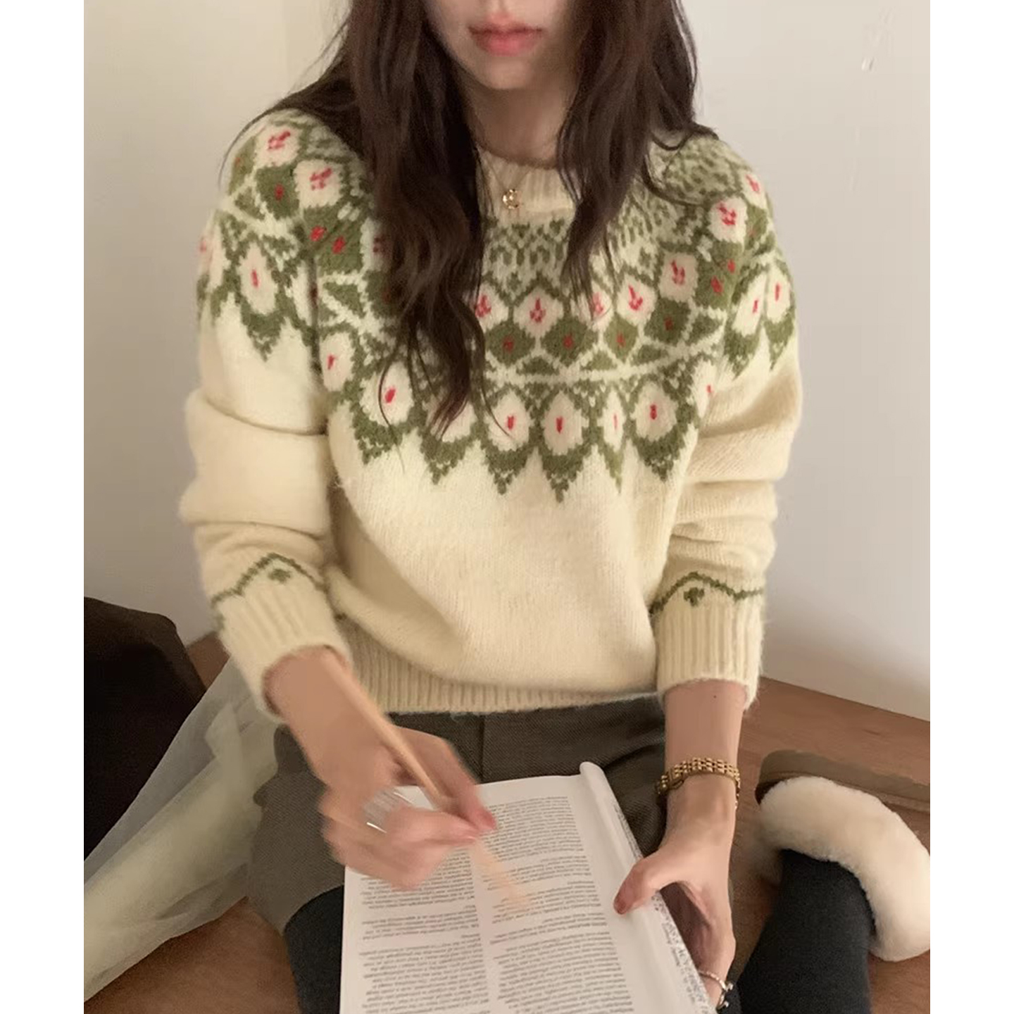 慵懒风费尔岛提花软糯针织衫毛衣