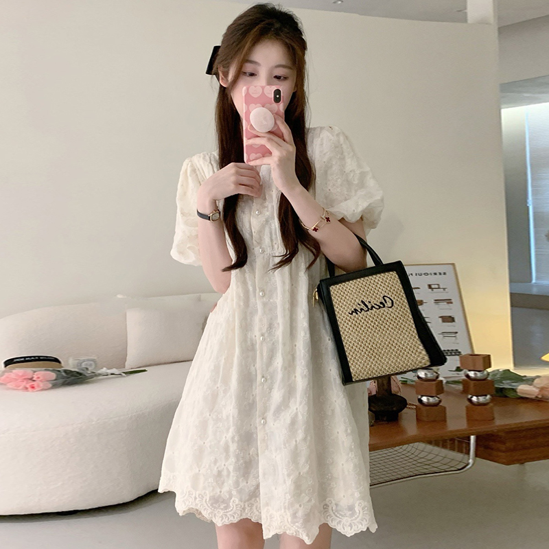 chicV领蕾丝钩花泡泡袖连衣裙女