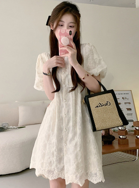 韩国chic夏季法式气质V领蕾丝钩花收腰显瘦泡泡袖小个子连衣裙女