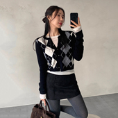 百搭显瘦针织上衣 新款 学院风撞色菱格提花毛衣开衫 外套女2025秋季