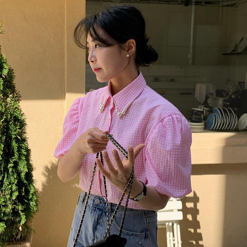 韩国东大门格子翻领短袖衬衫