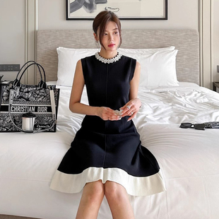 良良家小香风重工钉珠点缀针织背心连衣裙女夏季新款气质撞色短裙