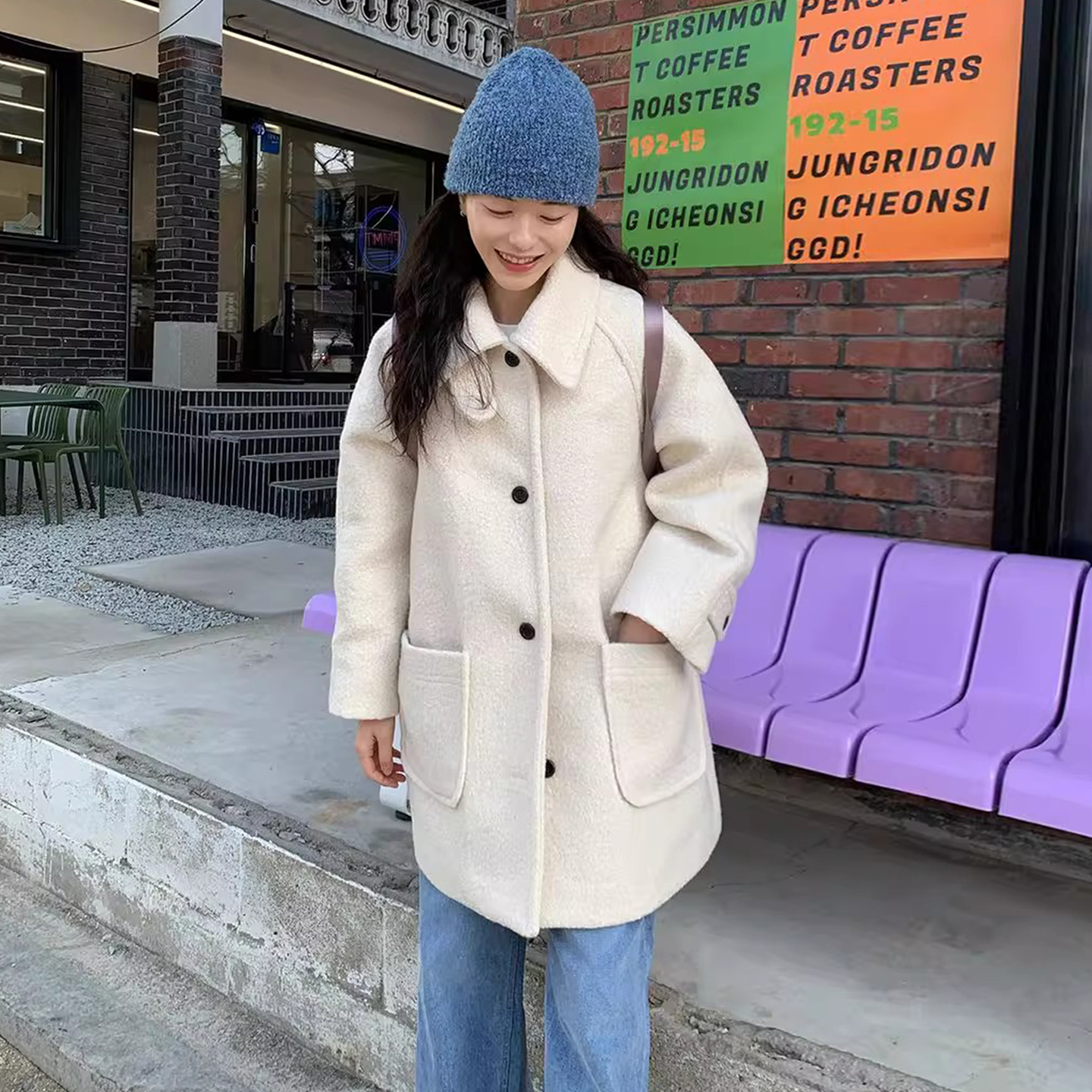 温柔风翻领双口袋圈圈毛呢外套大衣女2025冬季新款宽松中长款上衣