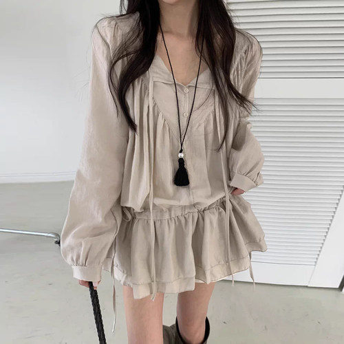系带V领抽绳收腰长袖连衣短裙女