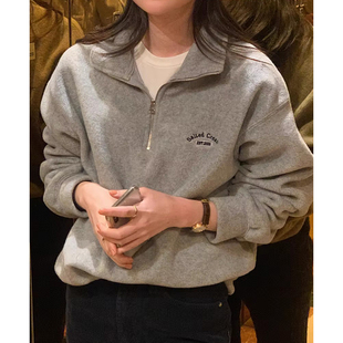 韩国chic秋冬复古百搭翻领半拉链刺绣字母宽松休闲长袖 绒面卫衣女