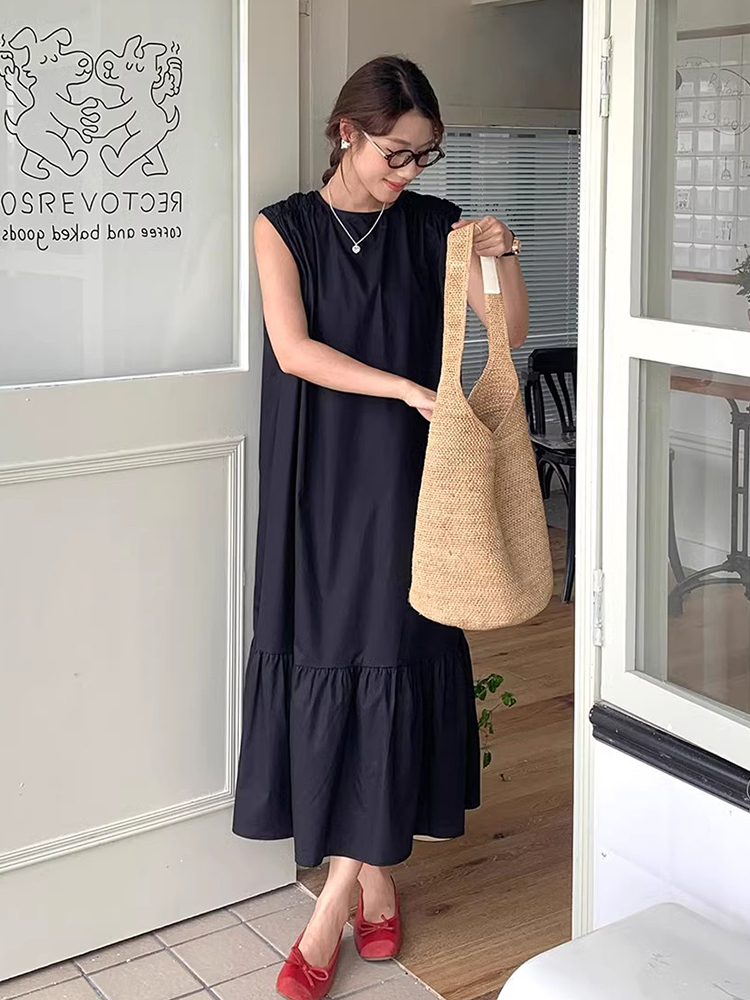 休闲拼接荷叶边长款背心裙连衣裙