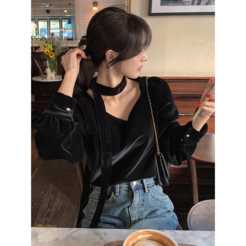 V领挂脖飘带宽松长袖丝绒上衣