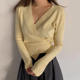 韩国chic秋季 女 针织衫 法式 设计感交叉V领不规则系扣收腰百搭长袖