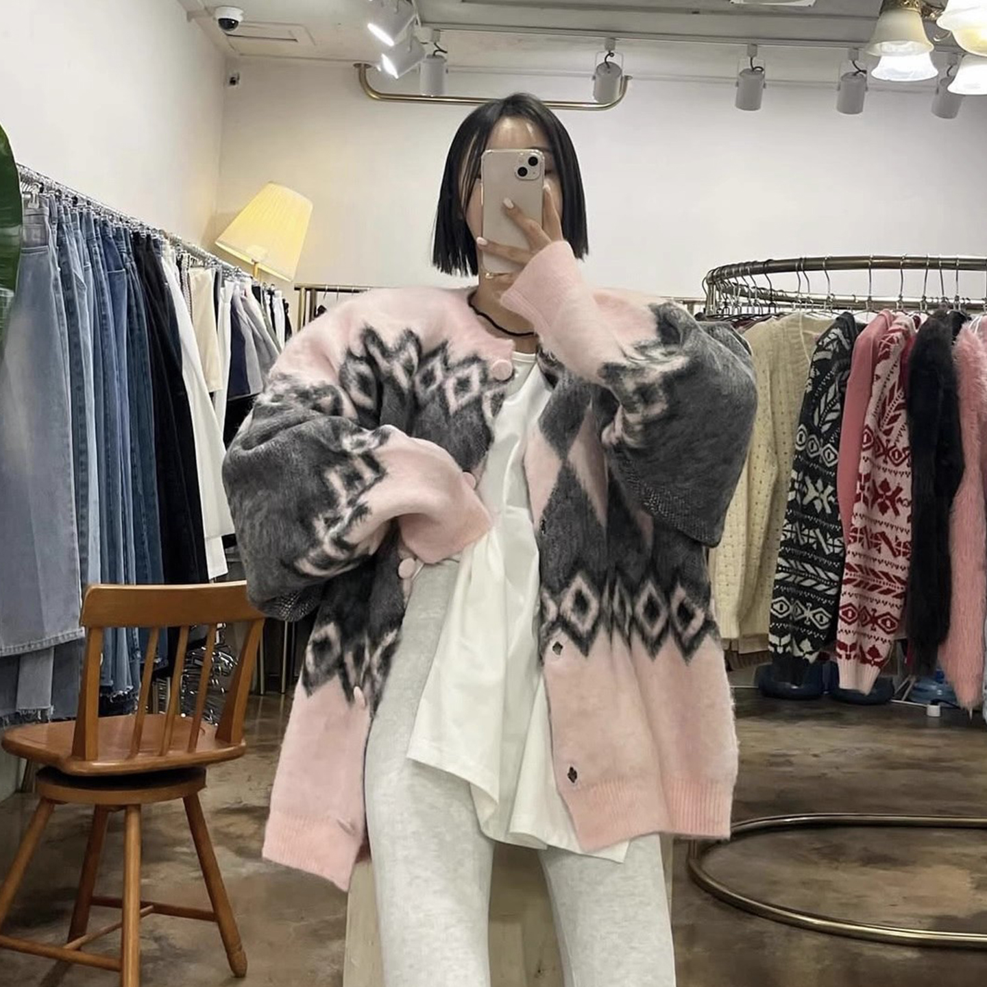 复古菱形提花马海毛针织开衫毛衣