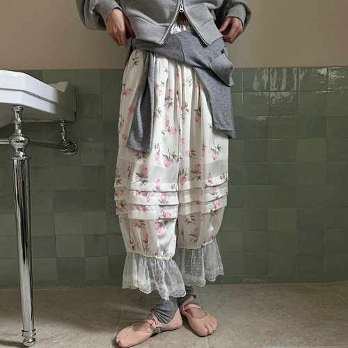 碎花提花蕾丝拼接休闲裤灯笼裤女