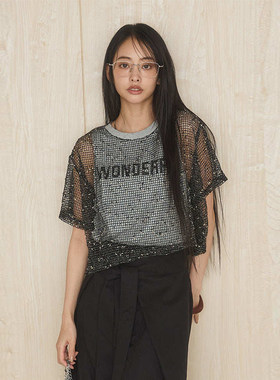 复古重工拼接假两件短袖T恤女